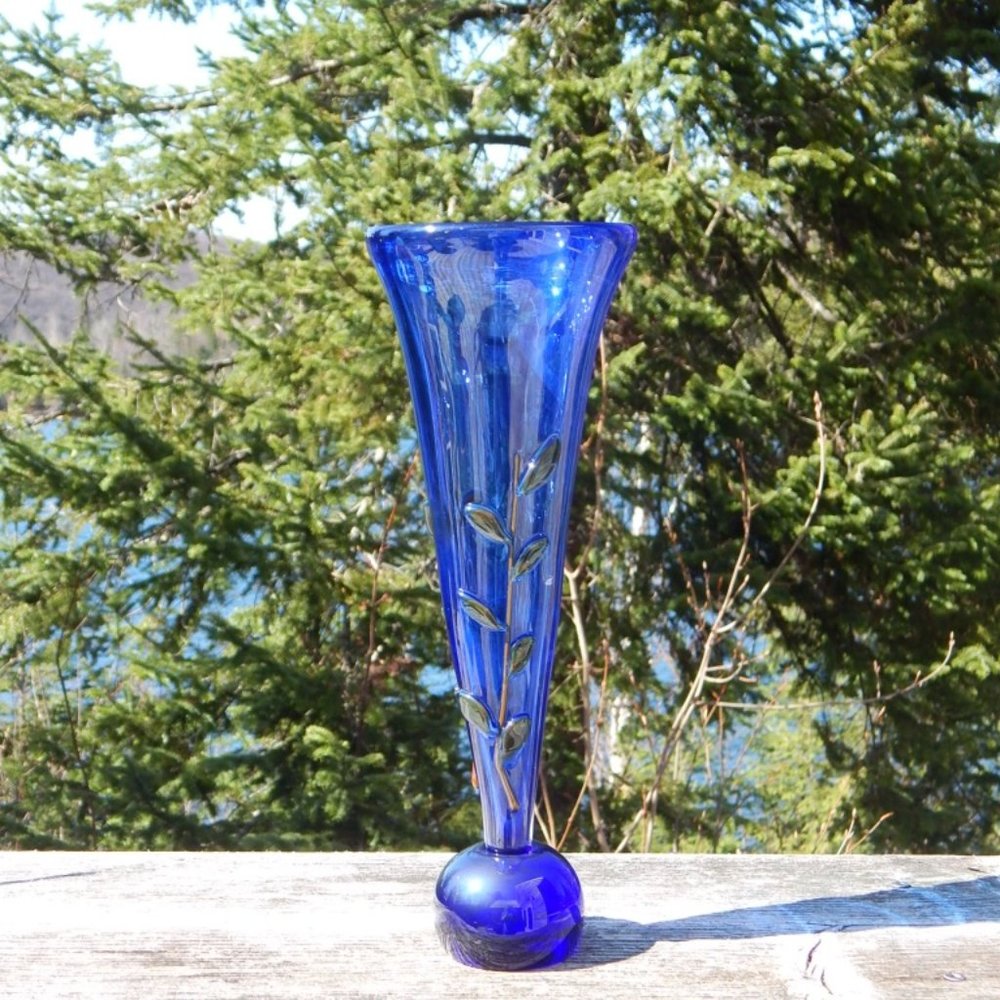 Vase, Vintage Blue signed Moretti with glass vine, flower details in relief